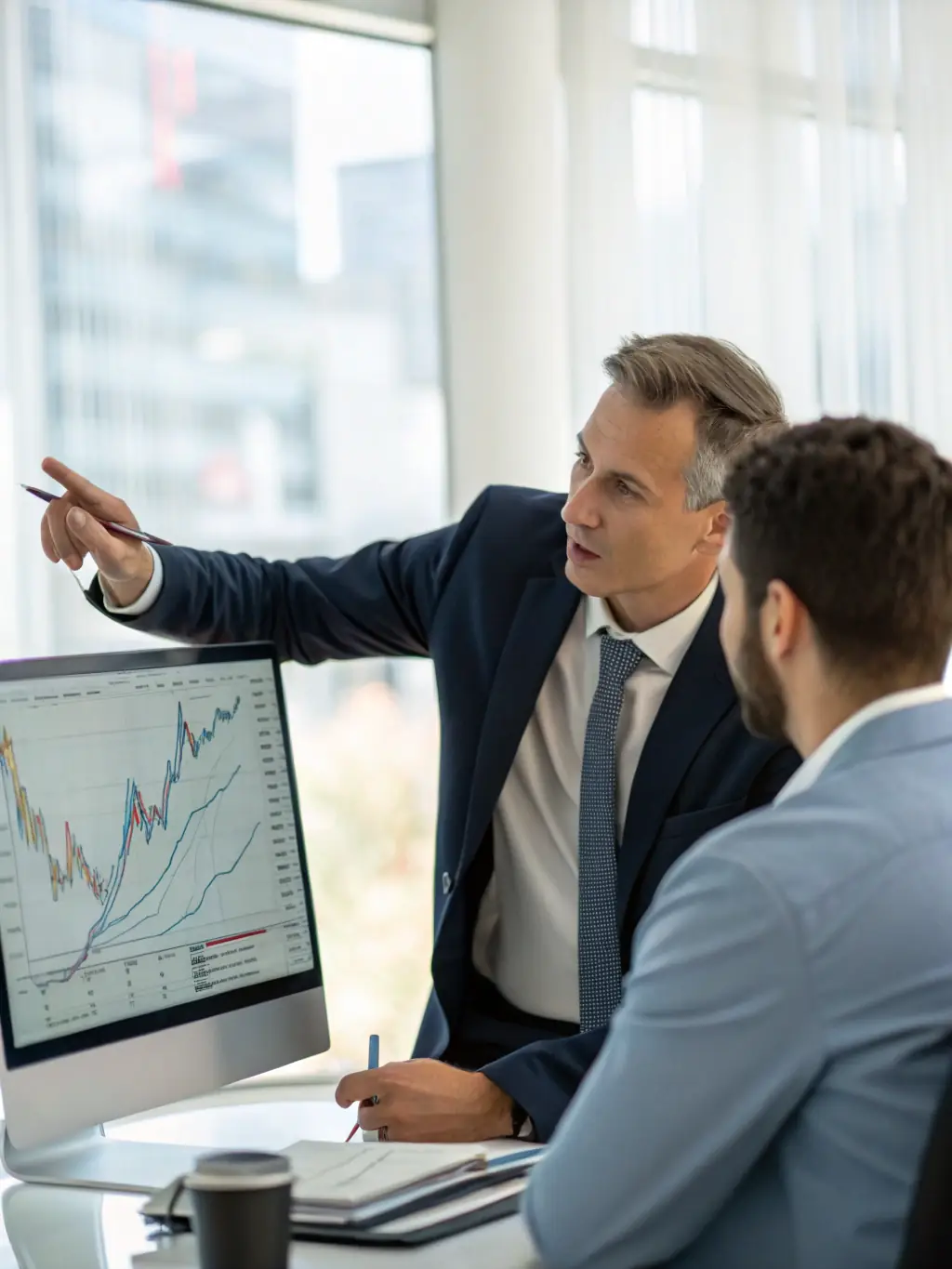 An illustration of a financial advisor providing guidance to a client, with charts and graphs in the background, representing personalized investment advice.