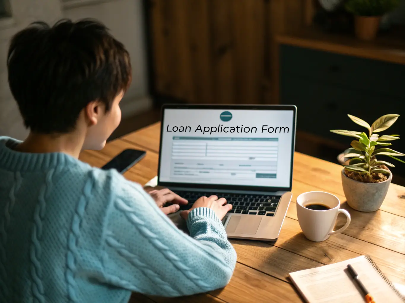 A person sitting at a desk, reviewing a budget spreadsheet on a laptop, with a cup of coffee and a calculator nearby, symbolizing careful financial planning.