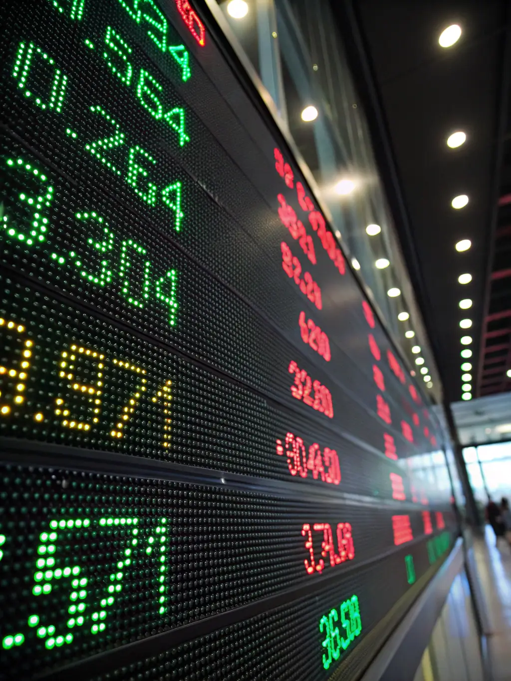 A close-up image of a stock market ticker displaying fluctuating numbers, symbolizing market volatility and economic uncertainty.