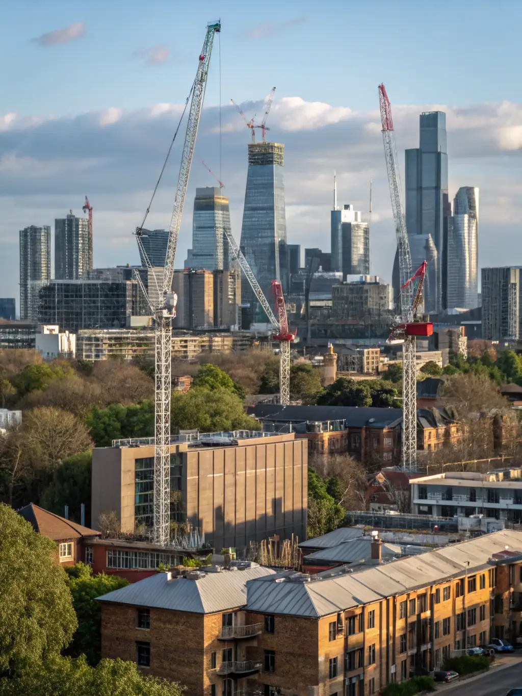 A modern cityscape with construction cranes, representing infrastructure investment and economic growth.