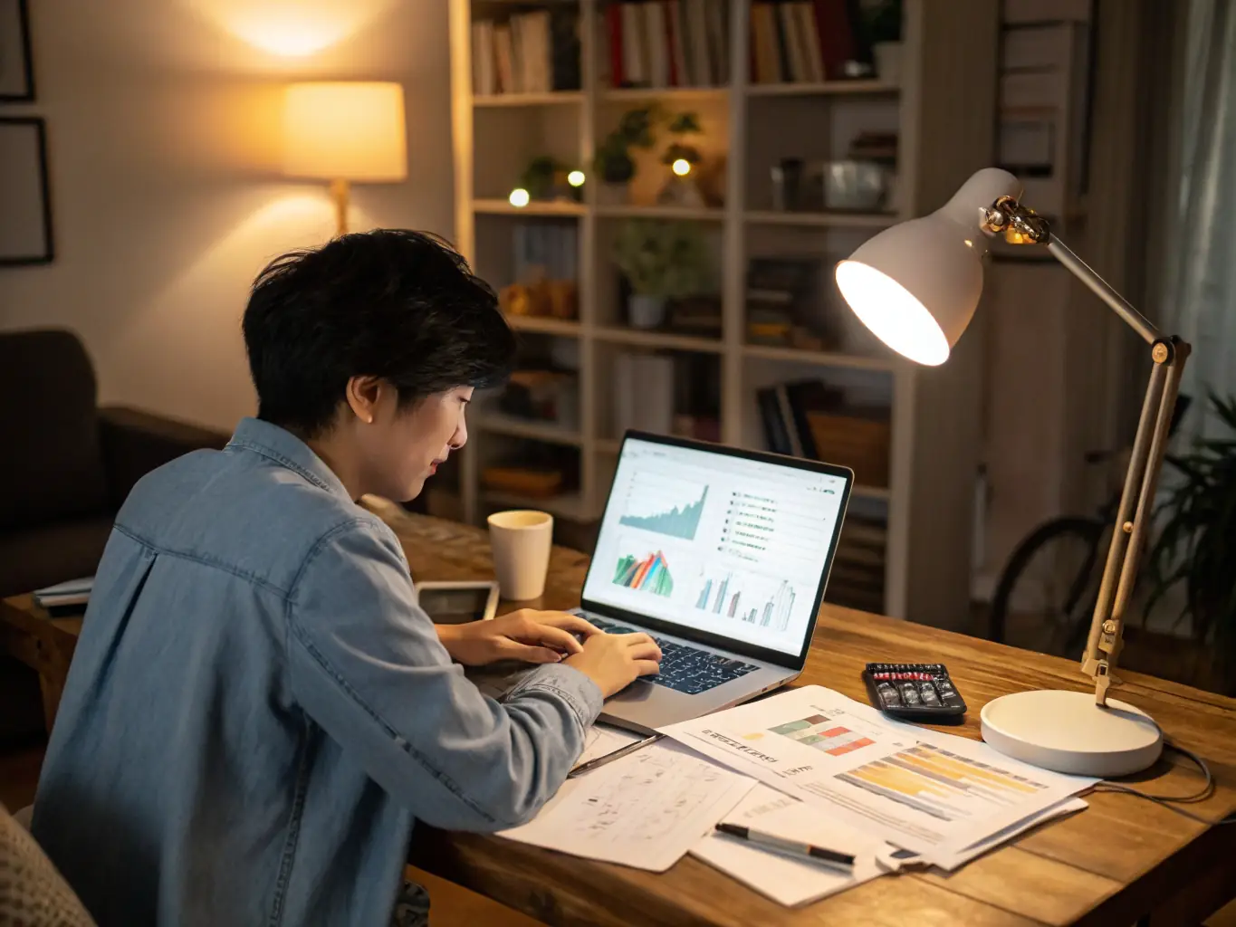A person reviewing their budget on a laptop, with charts and graphs in the background, symbolizing personal finance management.